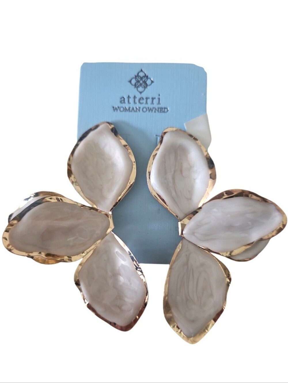 NEW! ATTERRI Cream & Gold Plated Flower Petal Drop Post Earrings.